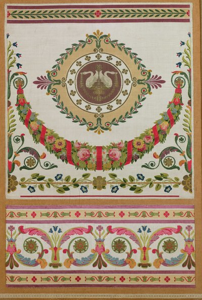 Pannello di seta con una ghirlanda di fiori e cigni di Pernon, Lione da French School